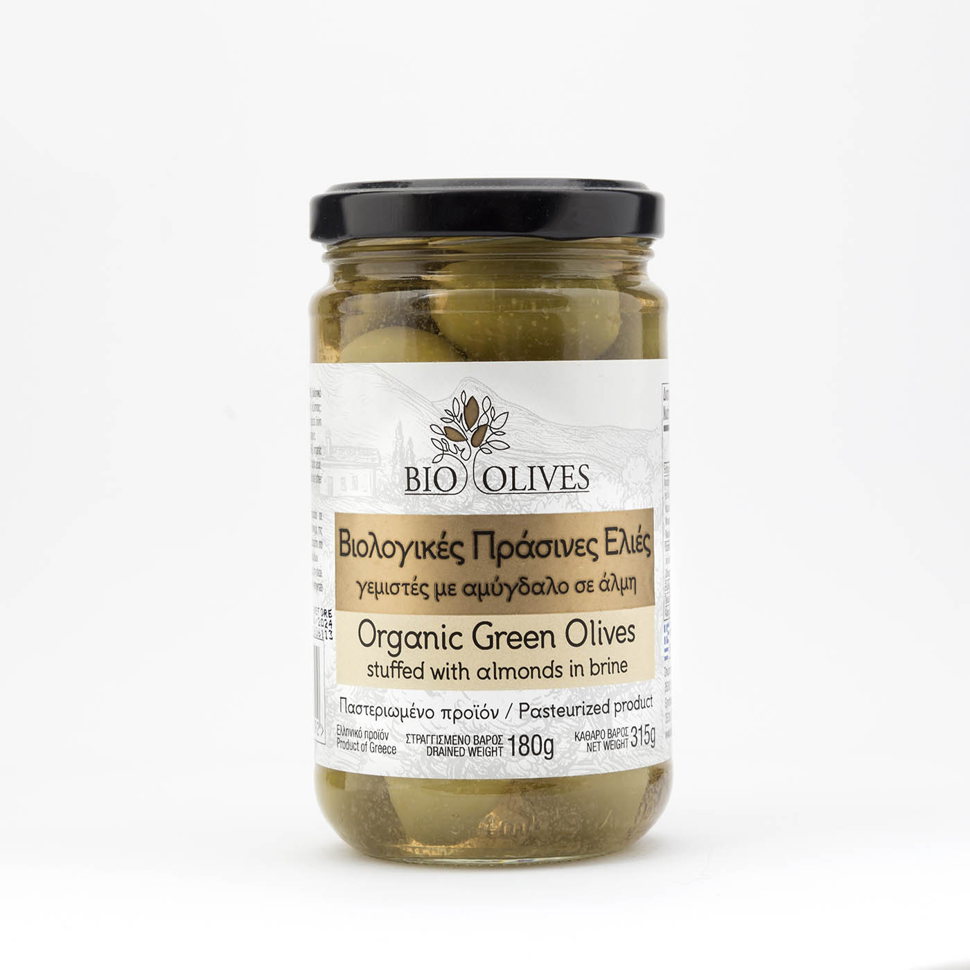Βιολογικές πράσινες ελιές γεμιστές με αμύγδαλο σε άλμη "Bio olives" 180g